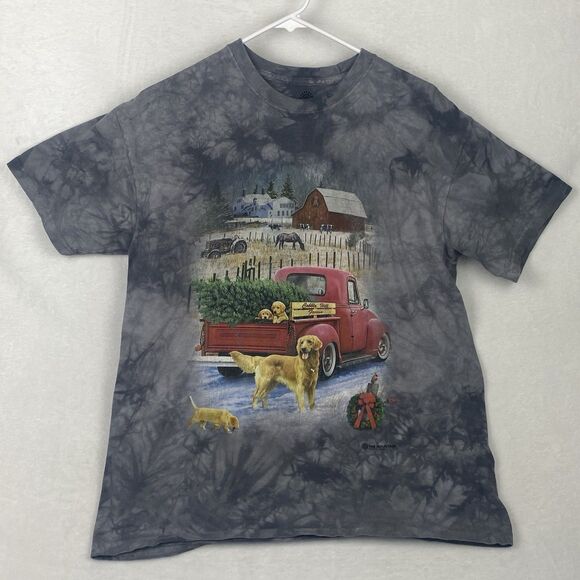 The Mountain Golden Retriever Graphic Shirt Large Gray Tie Dye Tree Farm Holiday - Picture 1 of 7